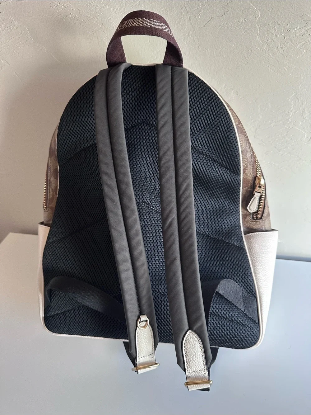 Coach Brown Signature Full-Size Court Canvas Backpack with Cream Front Pocket